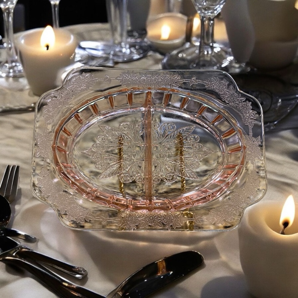 VTG Jeannette Pink Depression Glass Adam Pattern Divided Relish Dish Tray 8"